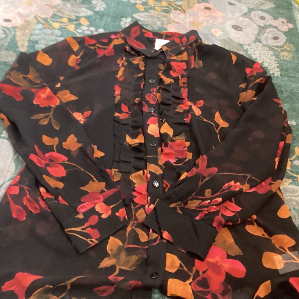 Cabi blouse black Floral Sheer Long Sleeve Medium Collared Red Orange Button up